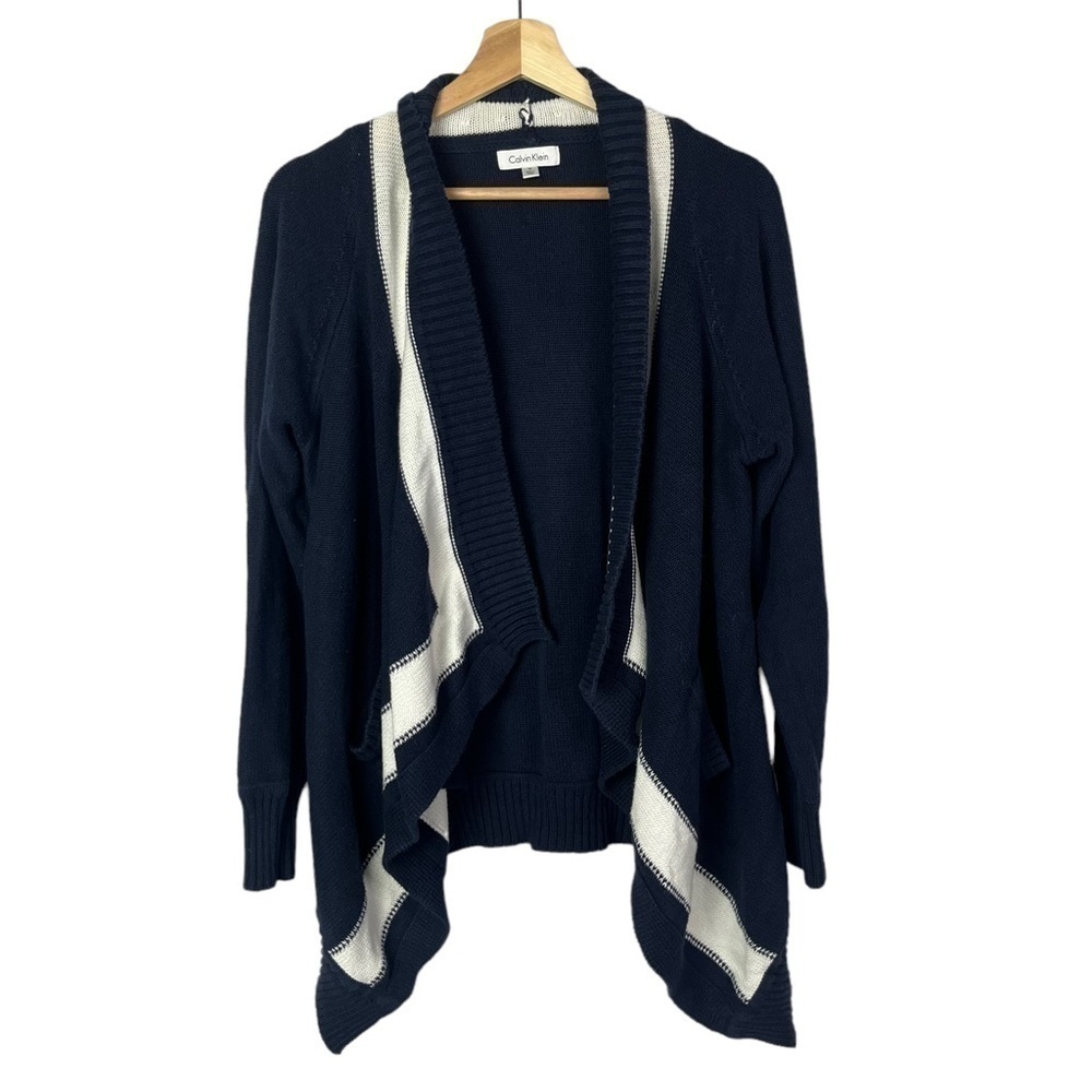 Calvin Klein Navy Blue & White Knit Open Front Waterfall Cardiganâ Sweater M